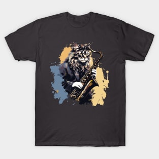 Maine Coon Cat Playing Saxophone T-Shirt